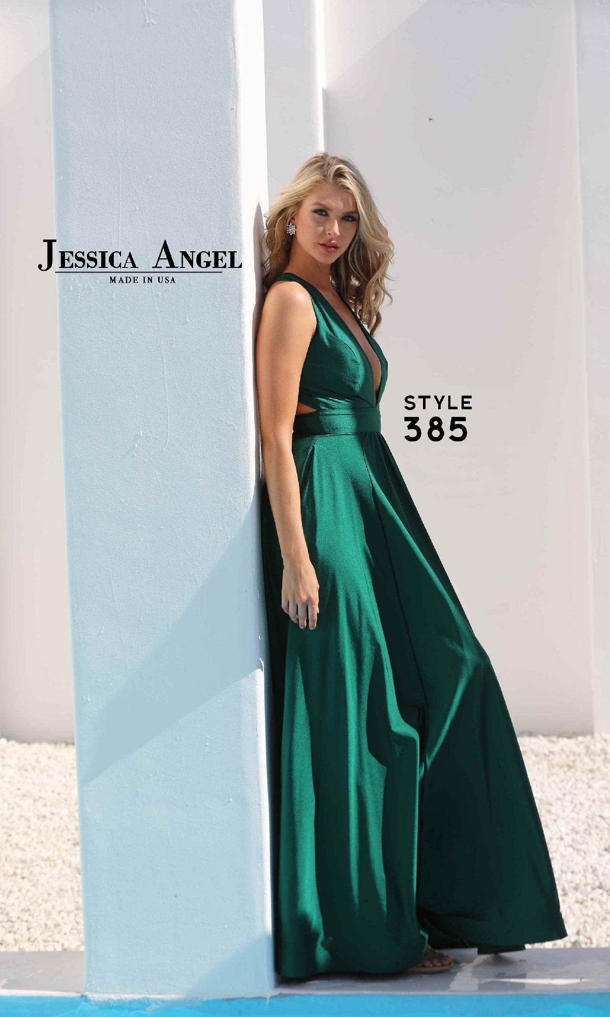 A woman in a sleeveless deep green V-Neck Long A-Line Prom Dress: Jessica Angel 385 stands by a white and blue wall; the dress's style name is displayed.